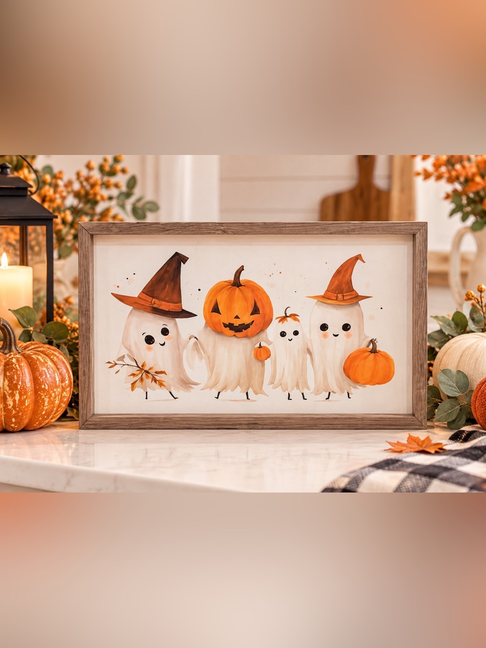 NEW Kendrick Home Charming framed art featuring cute ghosts and pumpkins. Perfec